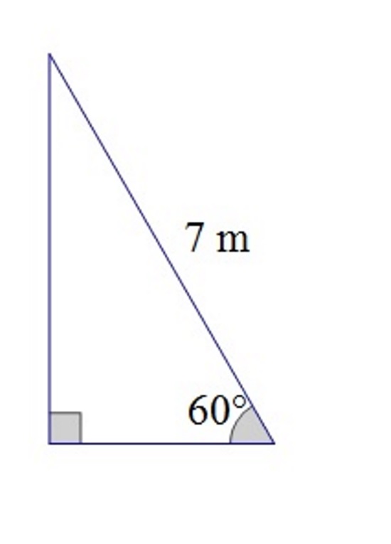 Slika prikazuje pravokutni trokut s jednim kutom od 60° i hipotenuzom duljine 7 m