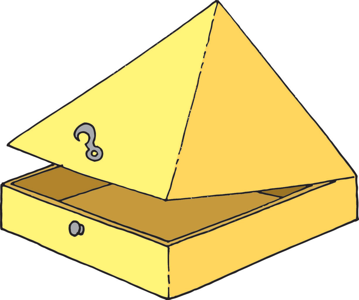 Slika prikazuje kutiju čiji je donji dio pravilna četverostrana prizma bez gornje baze, a poklopac pravilna četverostrana piramida bez baze.
