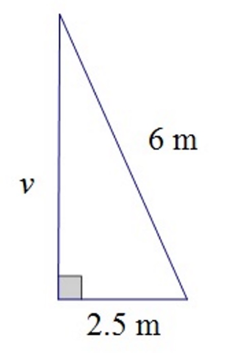 Na slici je pravokutni trokut s katetama duljine 2.5 metra i v metara te hipotenuzom duljine 6 metara.