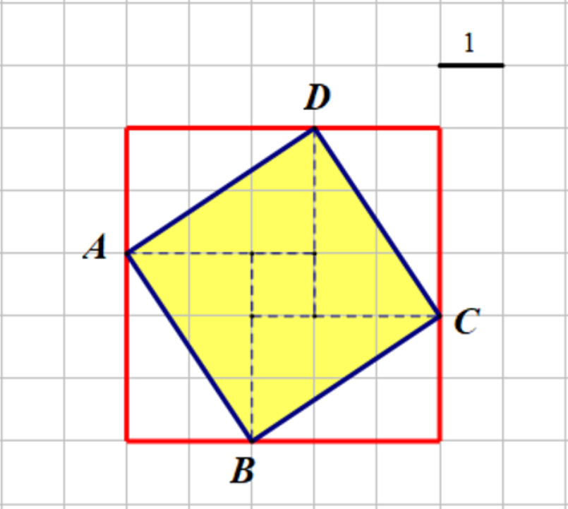 Slika prikazuje kvadrat nacrtan u kvadratnoj mreži unutar kojeg se nalazi kvadrat određen polovištima stranica početnog kvadrata.