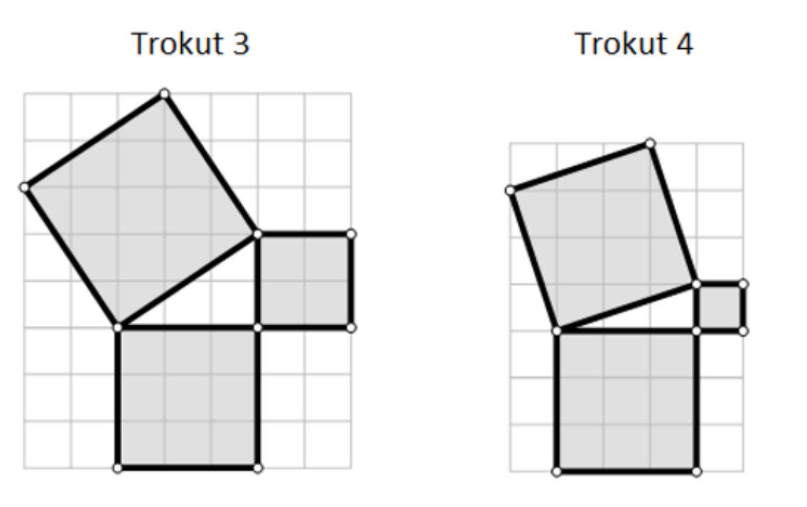 Prikazane su dvije slike na kojima su pravokutni trokuti u mreži kvadratića nad čijim stranicama su nacrtani kvadrati.