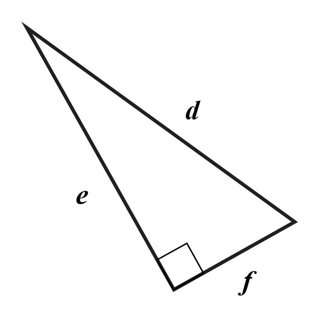 Slika prikazuje pravokutan trokut s katetama e i f te hipotenuzom d