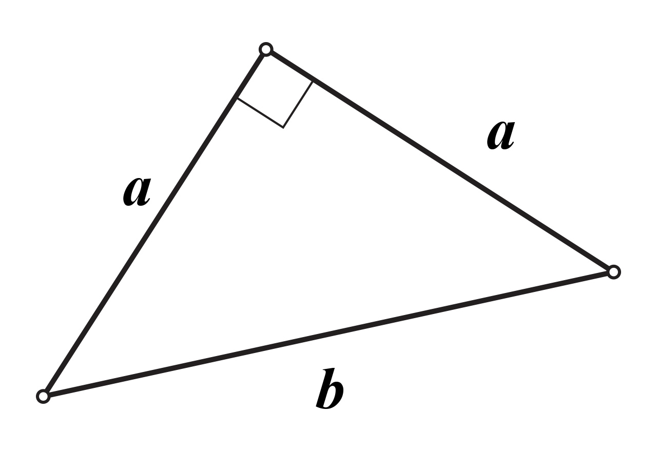 Slika prikazuje pravokutan jednakokračan trokut s katetama duljine a te hipotenuzom duljine b