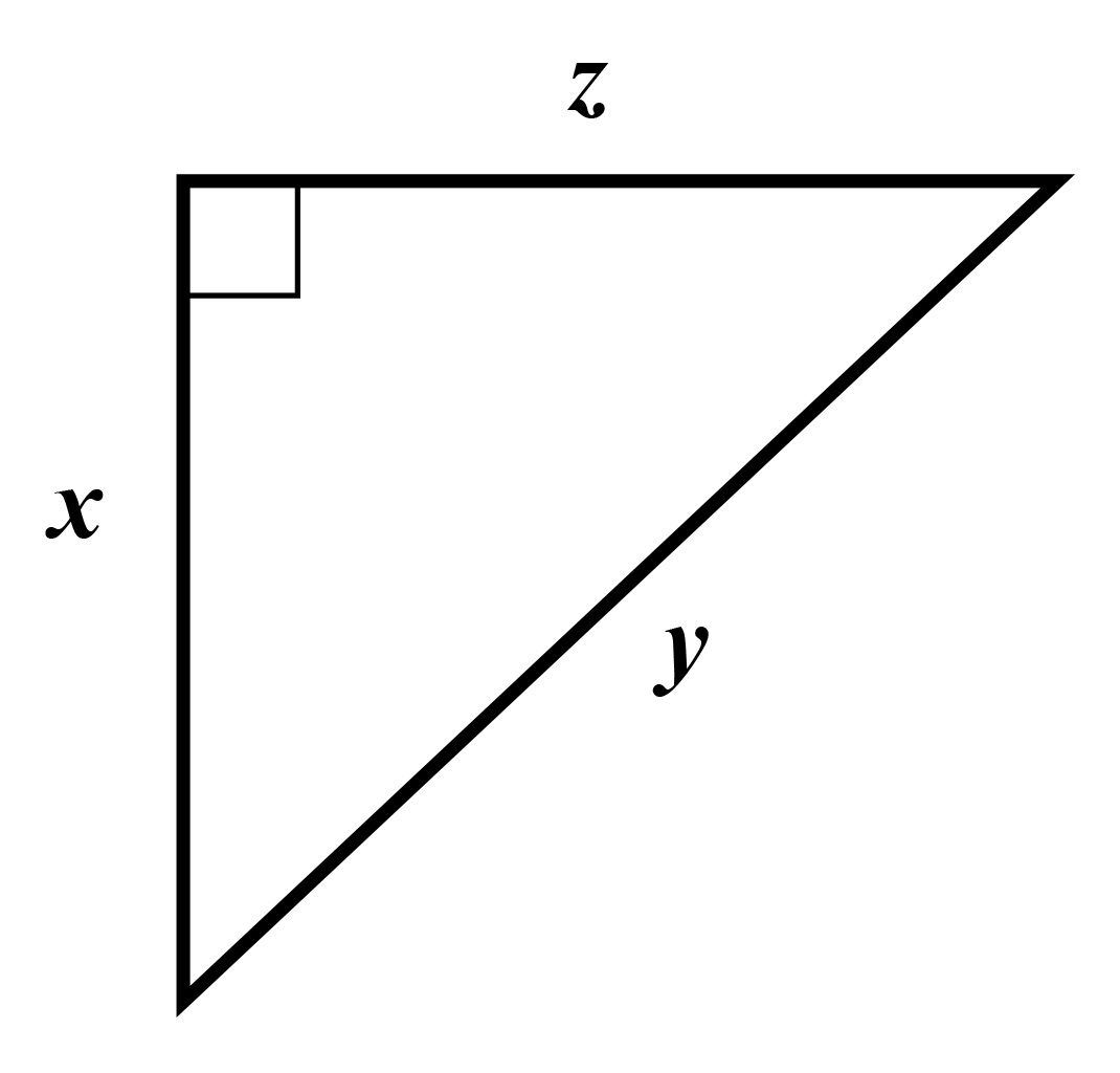 Slika prikazuje pravokutan trokut s katetama duljine x i z te hipotenuzom duljine y