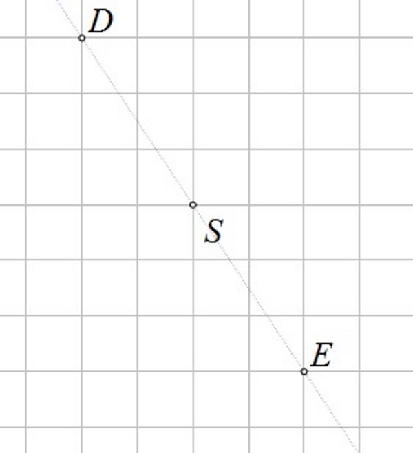 Na slici su točke D, S  i E na pravcu, S je u sredini i D i E su jednako udaljene od S