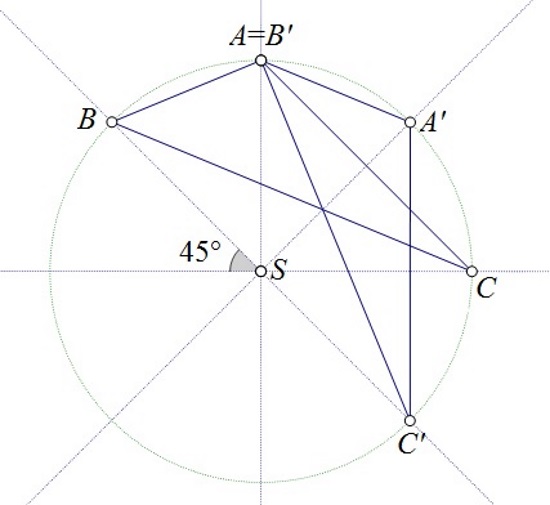 Na krugu podijeljenom na 8 jednakih dijelova trokut i njegova slika su rotirani za jedan dio u negativnom smjeru