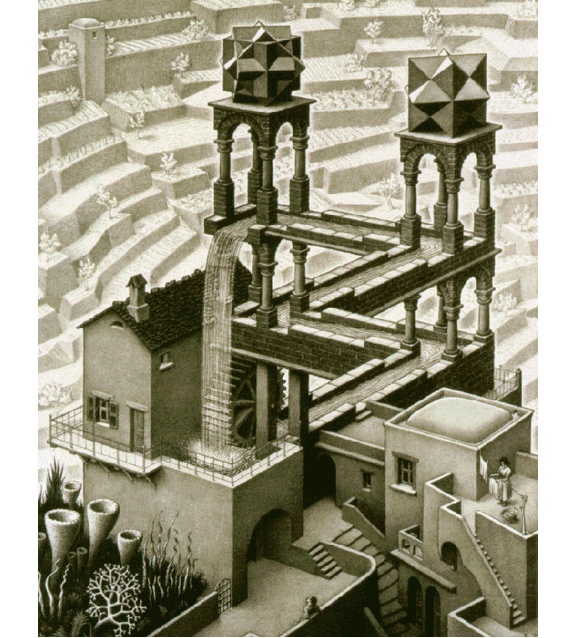 Slika prikazuje  grafiku Slap. Autor je Maurits Cornelis Escher