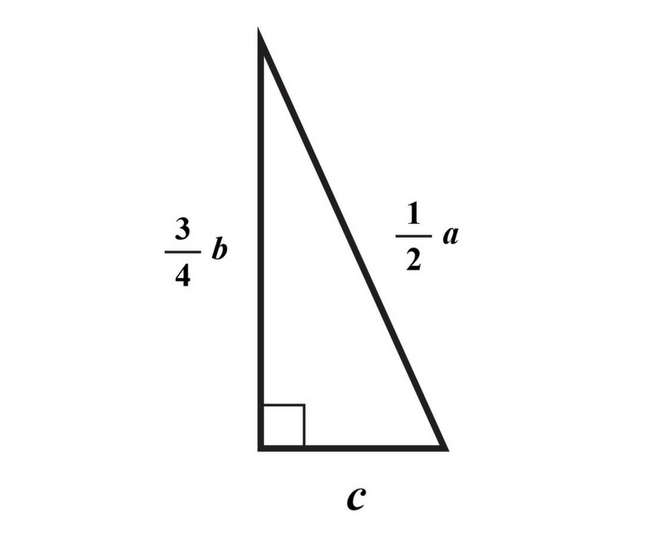 Slika prikazuje pravokutan trokut s katetama 3/4b i c te hipotenuzom 1/2a