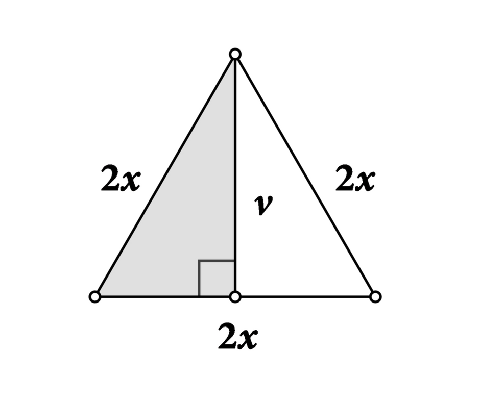 Na slici je jednakostraničan trokut sa stranicom duljine 2x i njegova visina duljine v. Istaknut je jedan od nastalih pravokutnih trokuta.