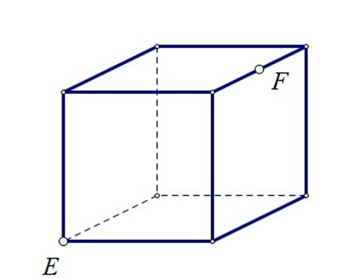 Slika prikazuje kocku s istaknutim točkama E koja je vrh i F koja je polovište brida
