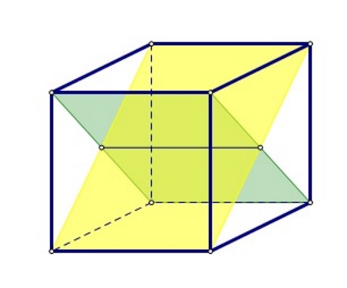 Slika prikazuje kocku s dva dijagonalna presjeka s njihovim presjekom