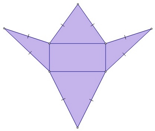 Na slici je pravokutnik kojem su nad kraćim stranicama raznostranični trokuti, a nad duljim jednakokračni trokuti