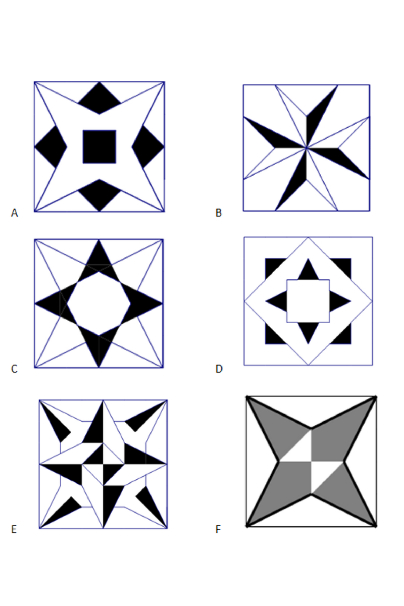 Slika prikazuje šest geometrijskih uzoraka.