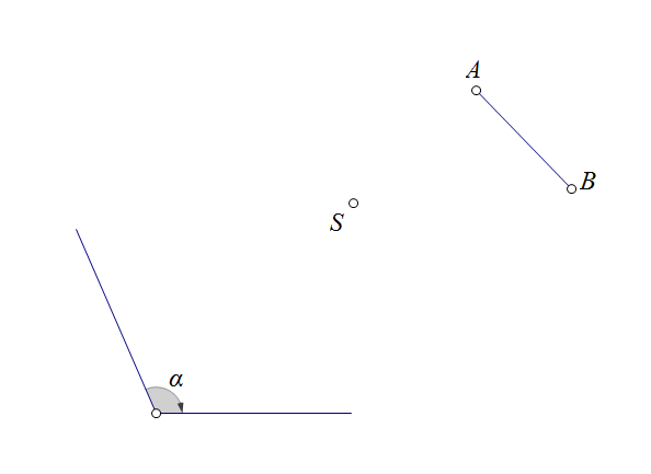 Na slici je zadana dužina AB koju treba rotirati u negativnom smjeru za zadani kut oko središta rotacije S