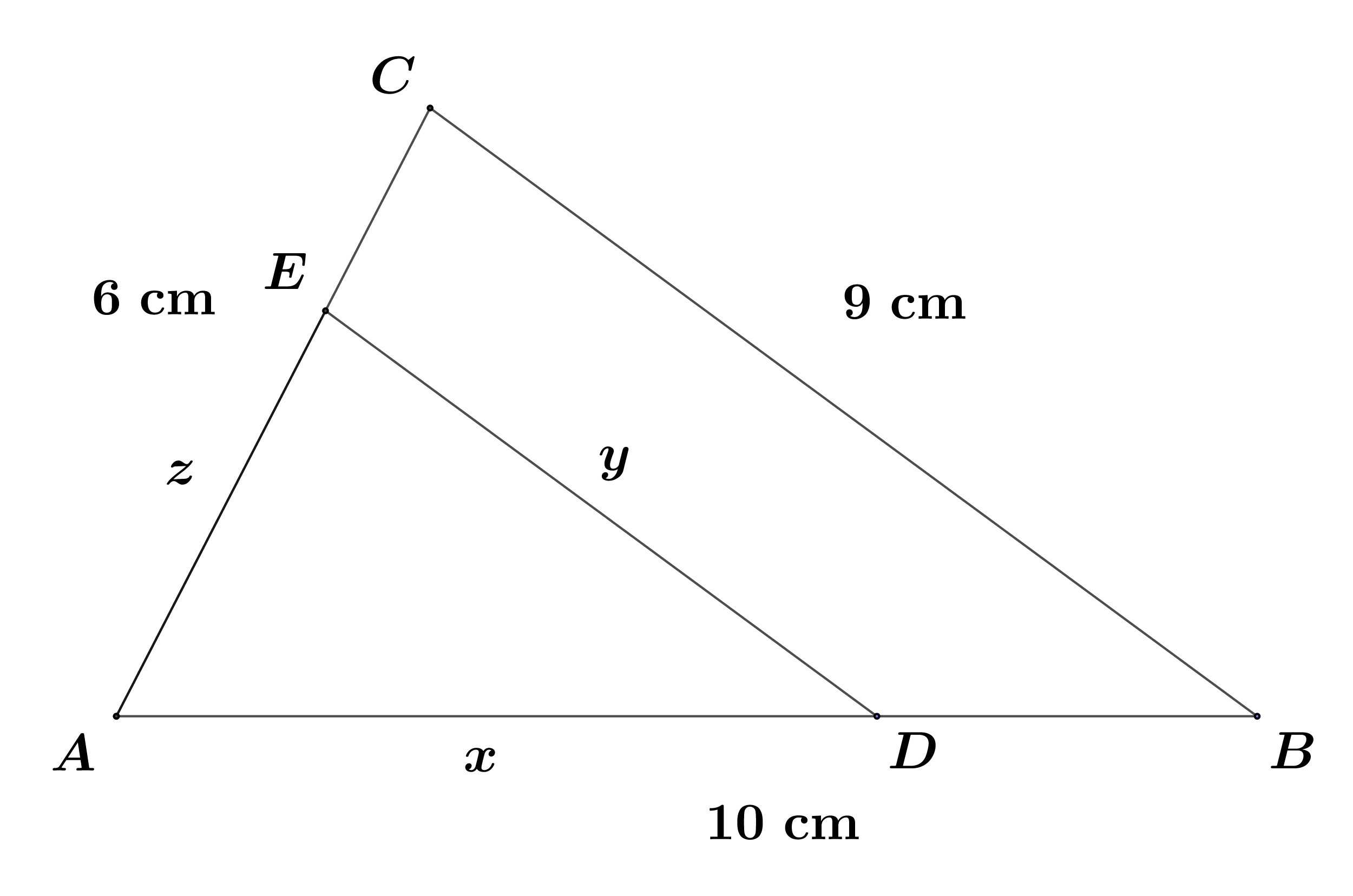 Slika prikazuje dva slična trokuta. Istaknute su poznate duljine i one koje treba tek izračunati.