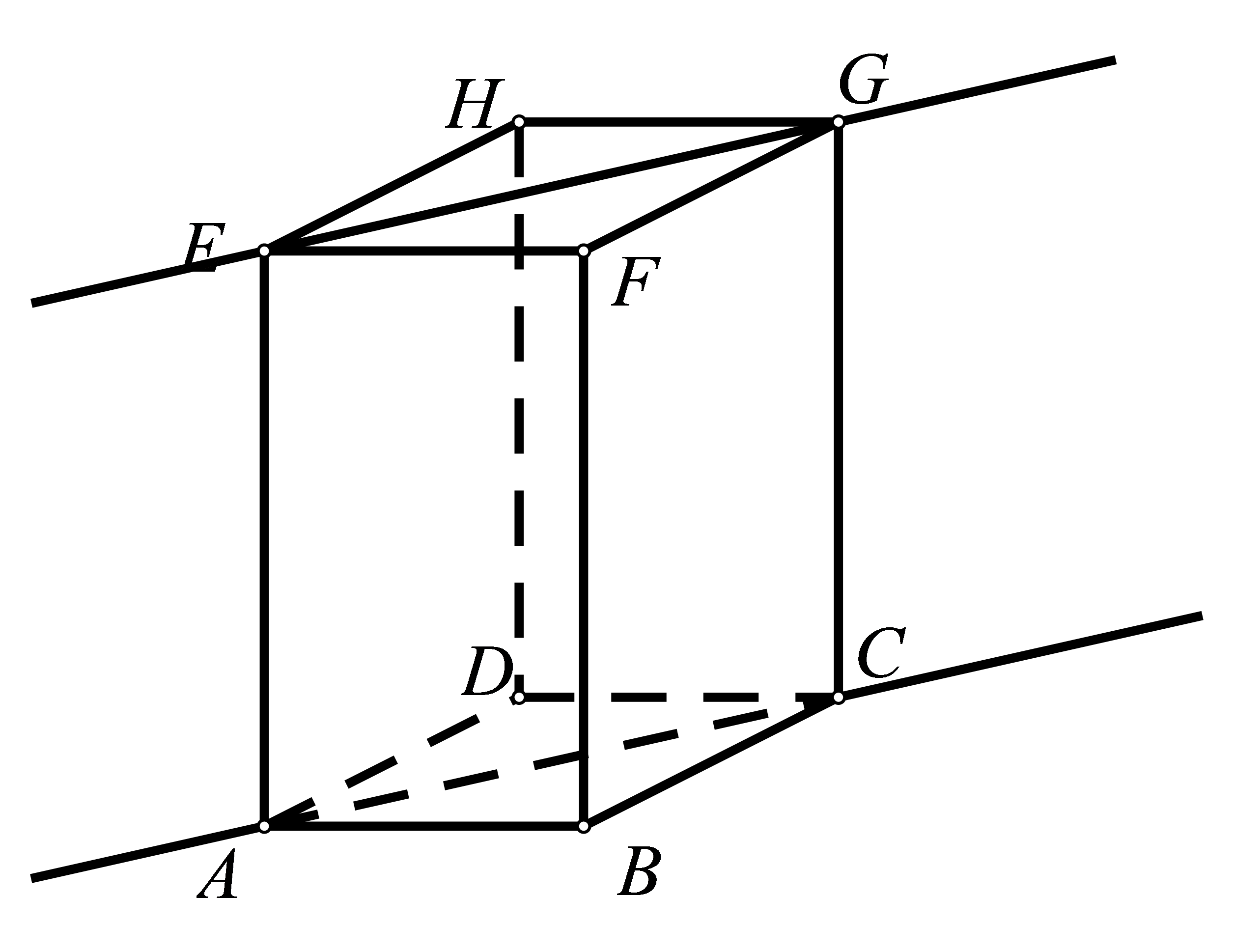 Slika prikazuje usporedne pravce AC i EG na modelu prostora