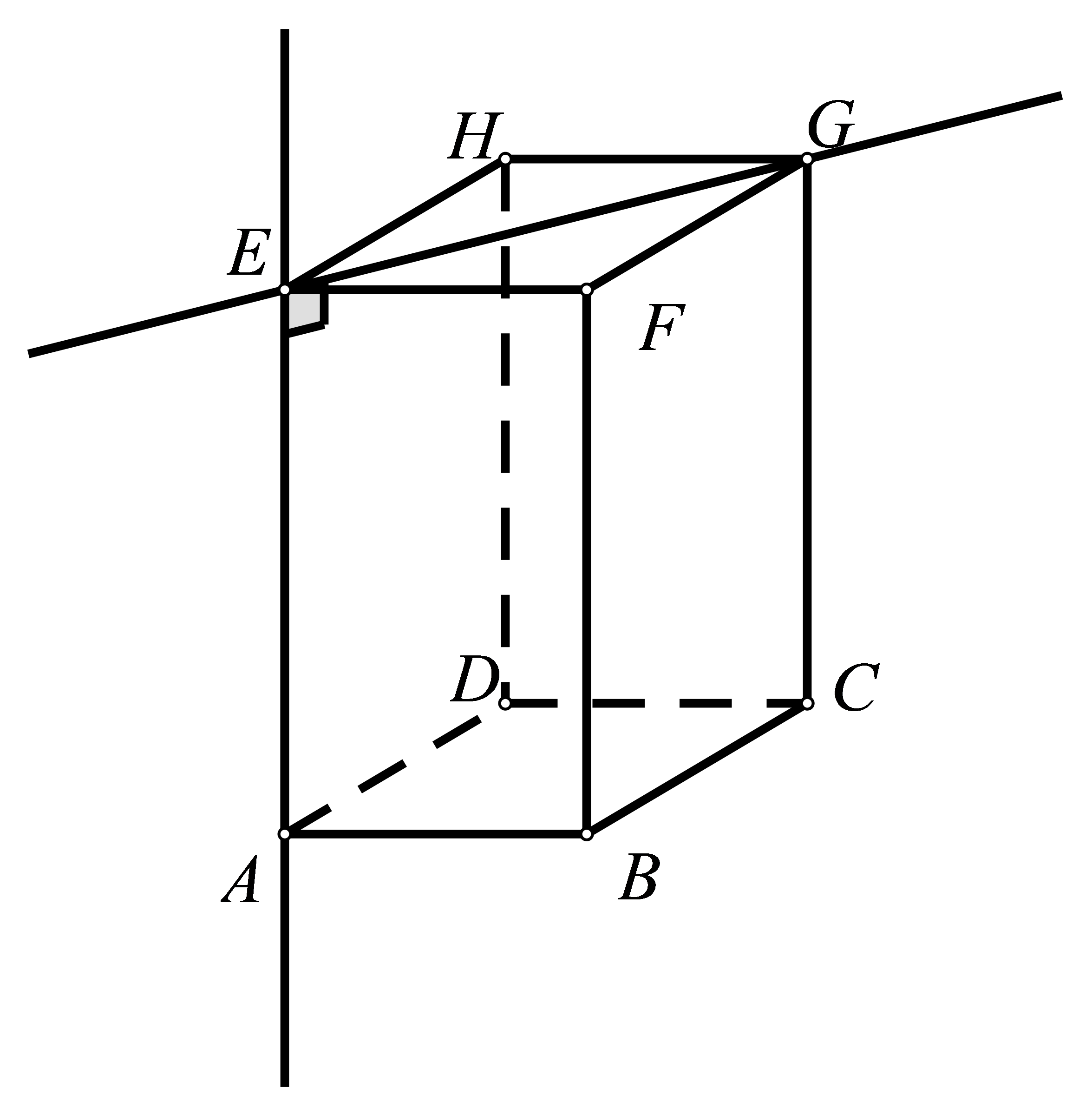Slika prikazuje okomite pravce AE i EG  na modelu prostora
