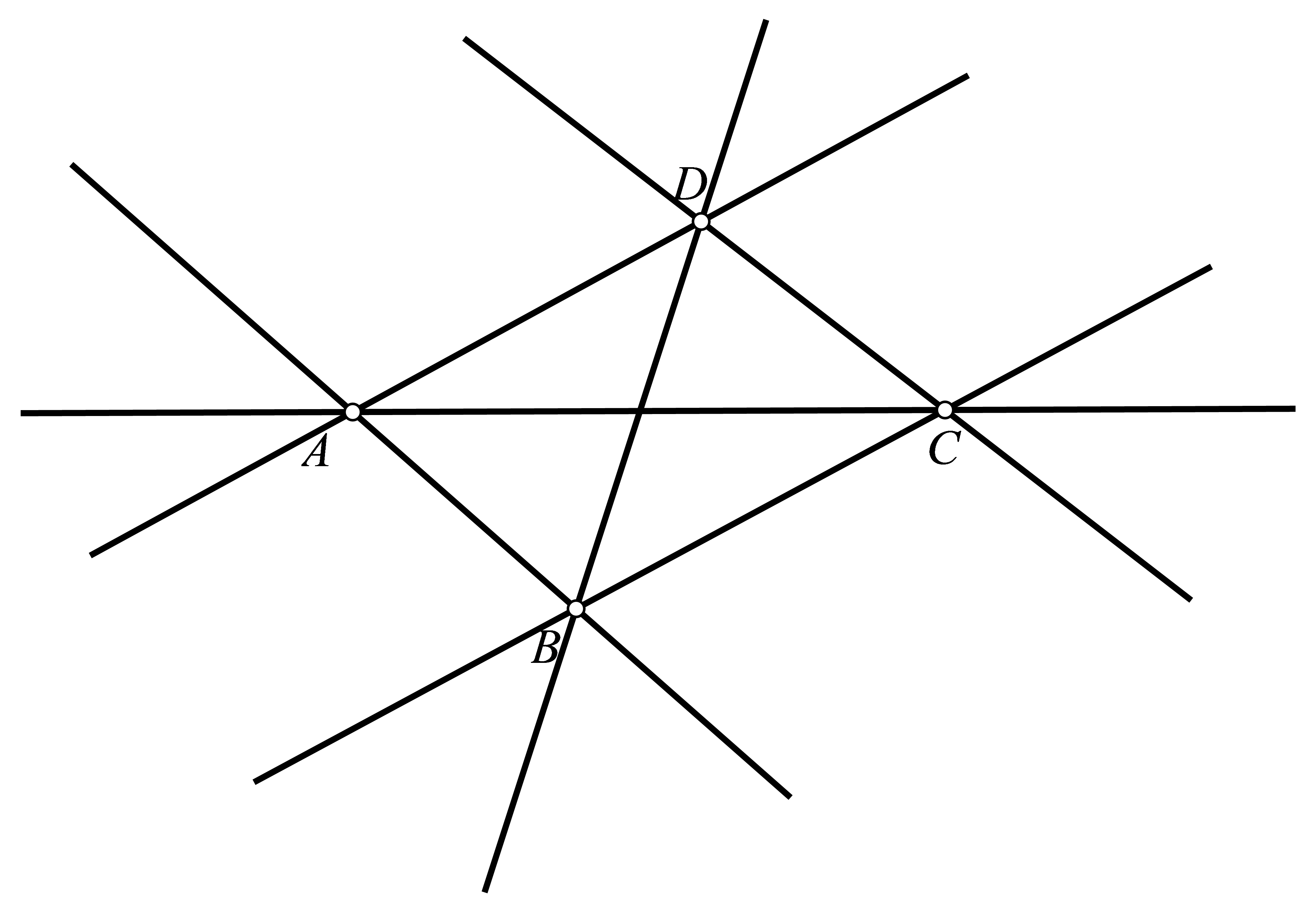 Slika prikazuje četiri različite nekolinearne točke i svi pravci određeni njima