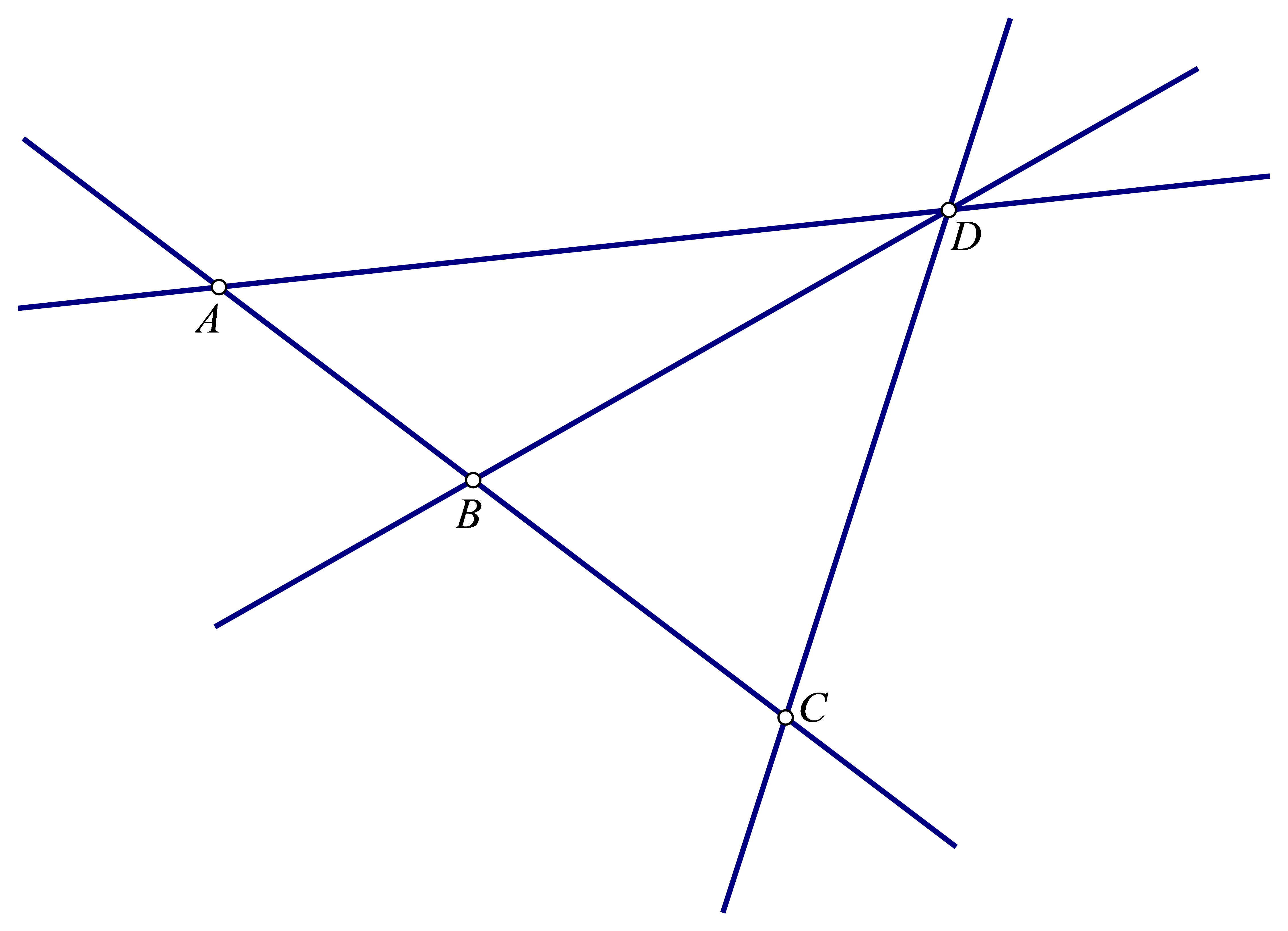 Na slici su četiri točke, A, B i C su kolinearne i četiri pravca njima određeni.