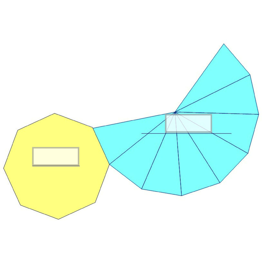Na slici je pravlni osmerokut nad čijim jednom stranicom je niz od osam sukladnih jednakokračnih trokuta spojenih na krakovima