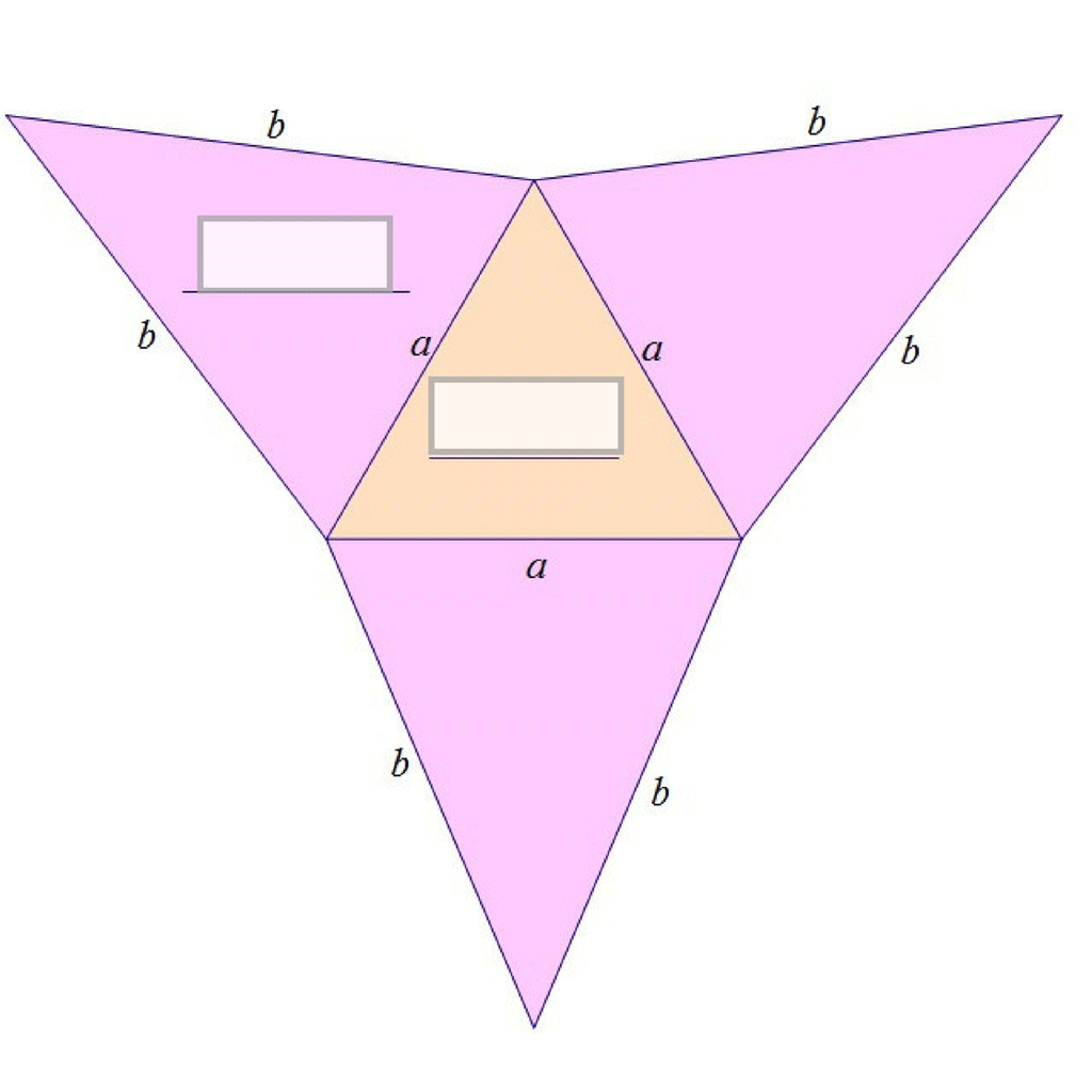 Na slici je prikazan jednakostraničan trokut nad čijim stranicama su nacrtani jednakokračni trokuti