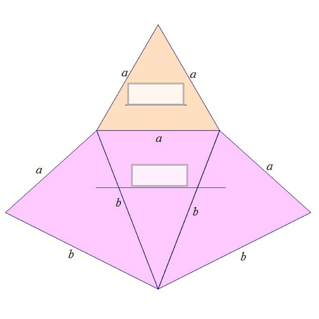 Na slici je nacrtan jednakostranični trokut spojen s jednim od  tri jednakokračna trokuta koji se spajaju na krakovima.