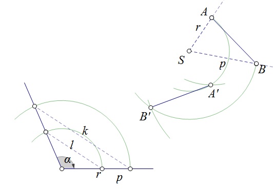 Slika prikazuje konstrukciju rotacije dužine u negativnom smjeru