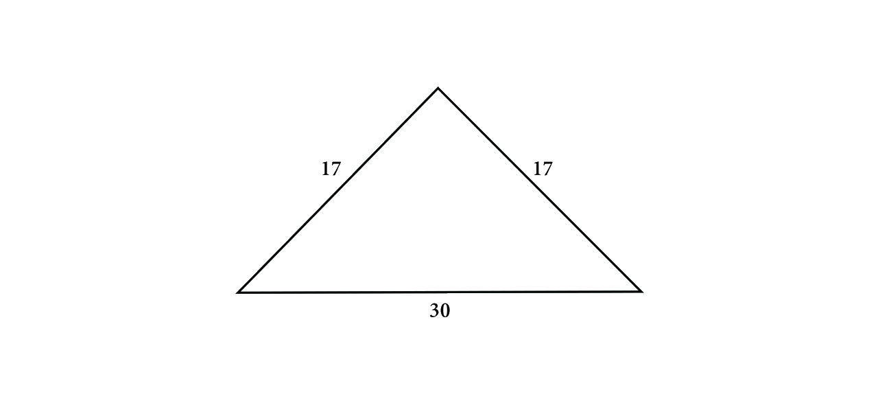 Na slici je jednakokračni trokut ABC s osnovicom duljine 30 i krakovima duljine 17.