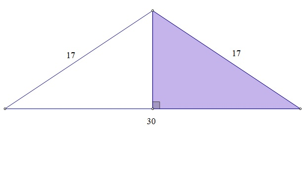 Na slici je jednakokračni trokut ABC s osnovicom duljine 30 i krakovima duljine 17.Istaknut je pravokutni trokut dobiven crtanjem visine na osnovicu