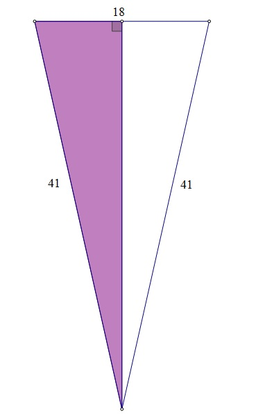 Na slici je jednakokračni trokut ABC s osnovicom duljine 18 i krakovima duljine 41. Istaknut je pravokutni trokut dobiven crtanjem visine na osnovicu