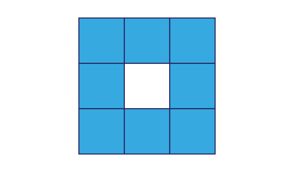 Slika druge faze sierpinskijevog kvadrata. Svaki plavi kvadrat s prethodne slike je na isti način razdijeljen na devet manjih kvadrata od kojih je središnji bijel, a rubni plavi.