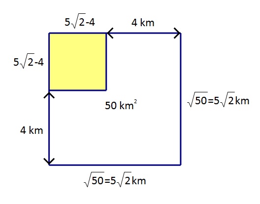 Na slici je prikaz parcela iz zadatka. Manji kvadrat unutar većeg kvadrata. Dopisane su duljine stranica kvadrata.
