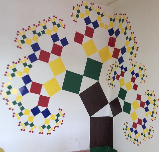Fotografija prikazuje Pitagorina stablo izrađeno na zidu učionice.