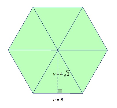 Na slici je prikazan pravilni  šesterokut s istaknutom duljinom stranice i duljinom visine karakterističnog trokuta.