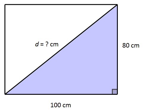 Slika prikazuje pravokutnik, zadan duljinama stranica, s dijagonalom i istaknutim pravokutnim trokutom.