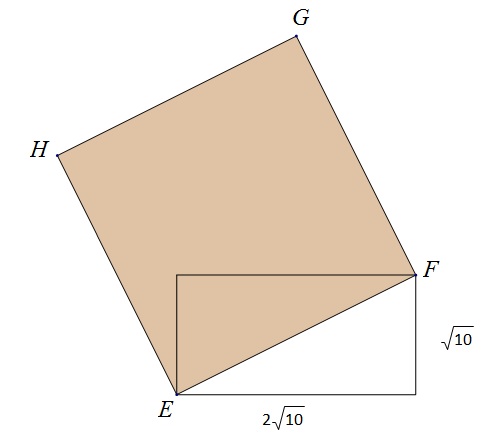 Na slici je prikazan kvadrat nad dijagonalom pravokutnika kojem su zadane duljine stranica 2 korijena iz 10 i korijen iz 10..