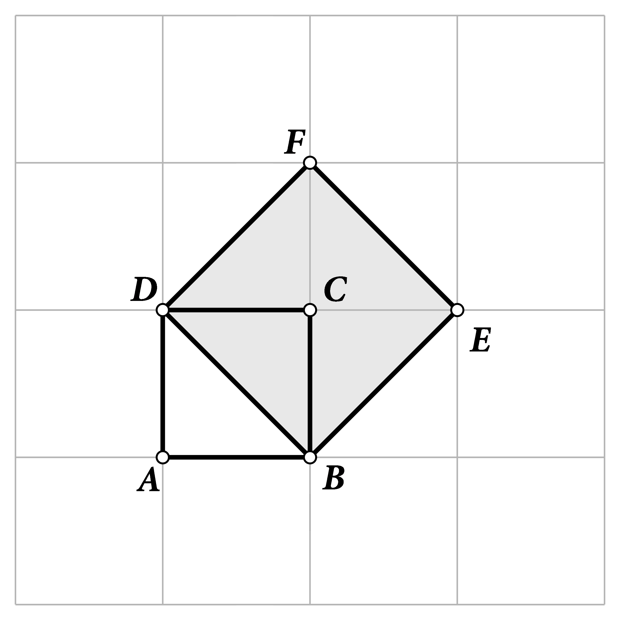 Slika prikazuje kvadrat ABCD nacrtan u mreži kvadratića i kvadrat BEFD čija je stranica dijagonala kvadrata ABCD. Određuje se omjer površina nacrtanih kvadrata i omjer duljina njihovih stranica.