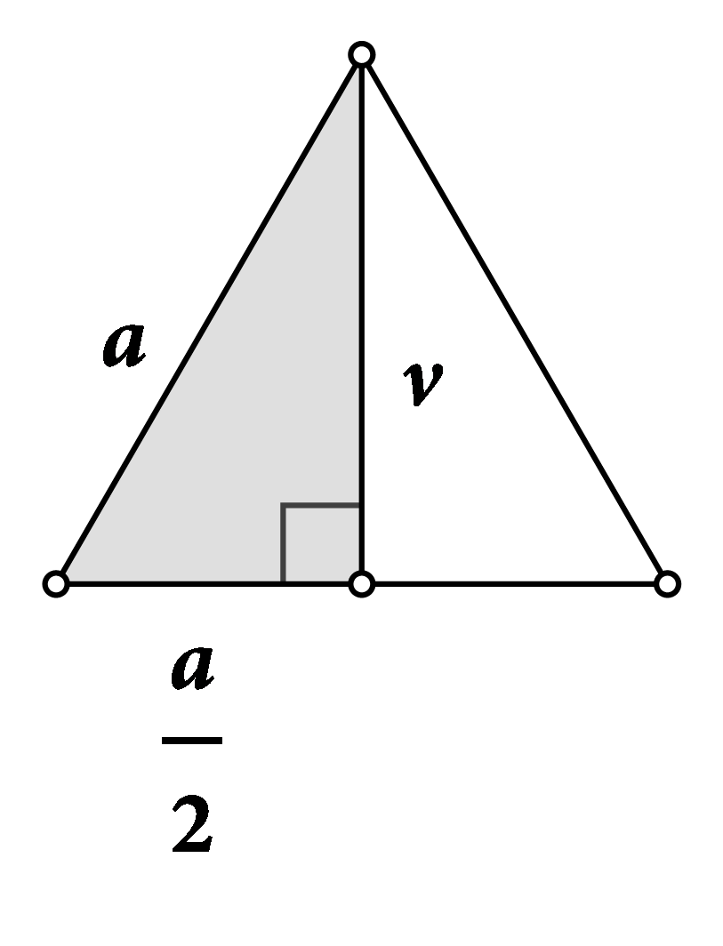 Na slici je jednakostranični trokut i jedna njegova visina. Istaknut je jedan od dvaju pravokutnih trokuta. Duljine kateta tog trokuta su v i jedna polovina a, dok je duljina hipotenuze tog trokuta jednaka a.