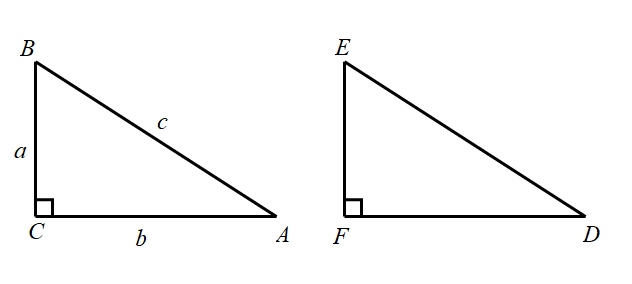 Slika prikazuje dva sukladna pravokutna trokuta s označenim vrhovima, stranicama i istaknutim pravim kutom.