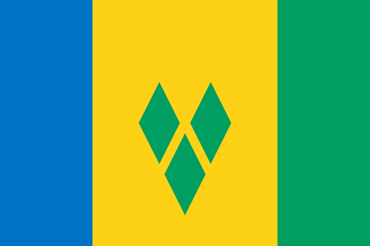 Na slici je zastava države Sv. Vincent i Grenardini. Na zastavi se javlja motiv romba.