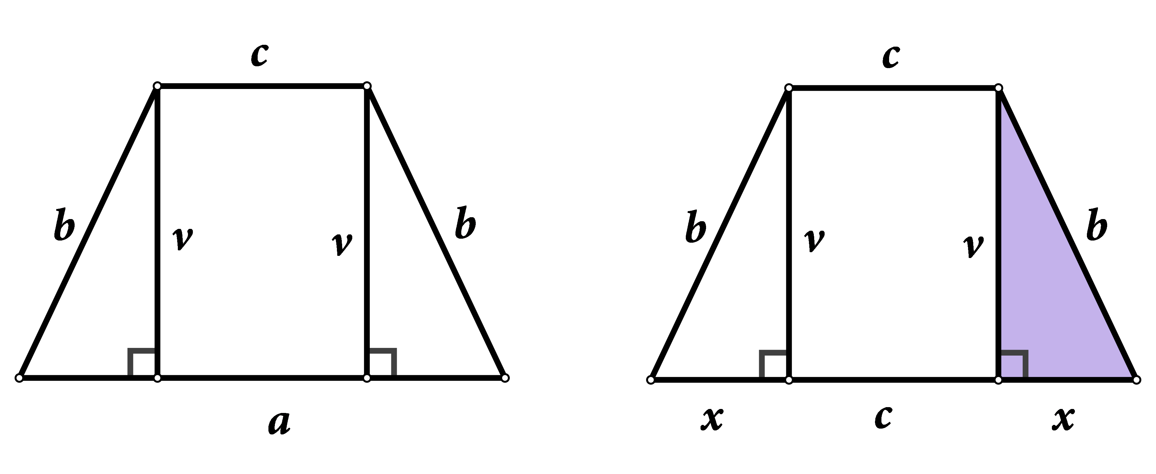 Na slici je jednakokračni trapez podijeljen na pravokutnik i dva sukladna pravokutna trokuta.