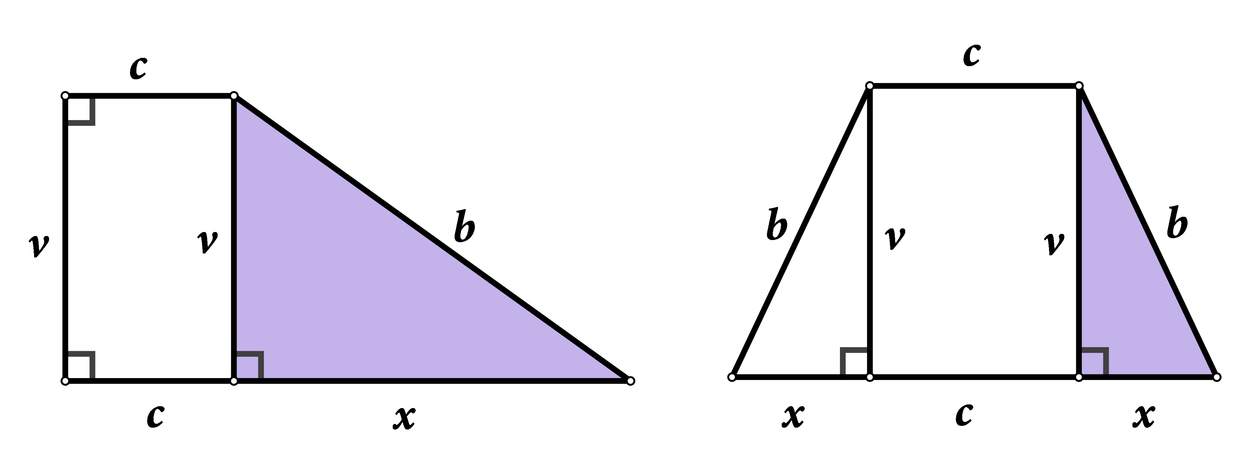 Na slici su pravokutni trapez i  jednakokračni trapez s istaknutim visinama, dobivenim pravokutnicima i pravokutnim trokutima.