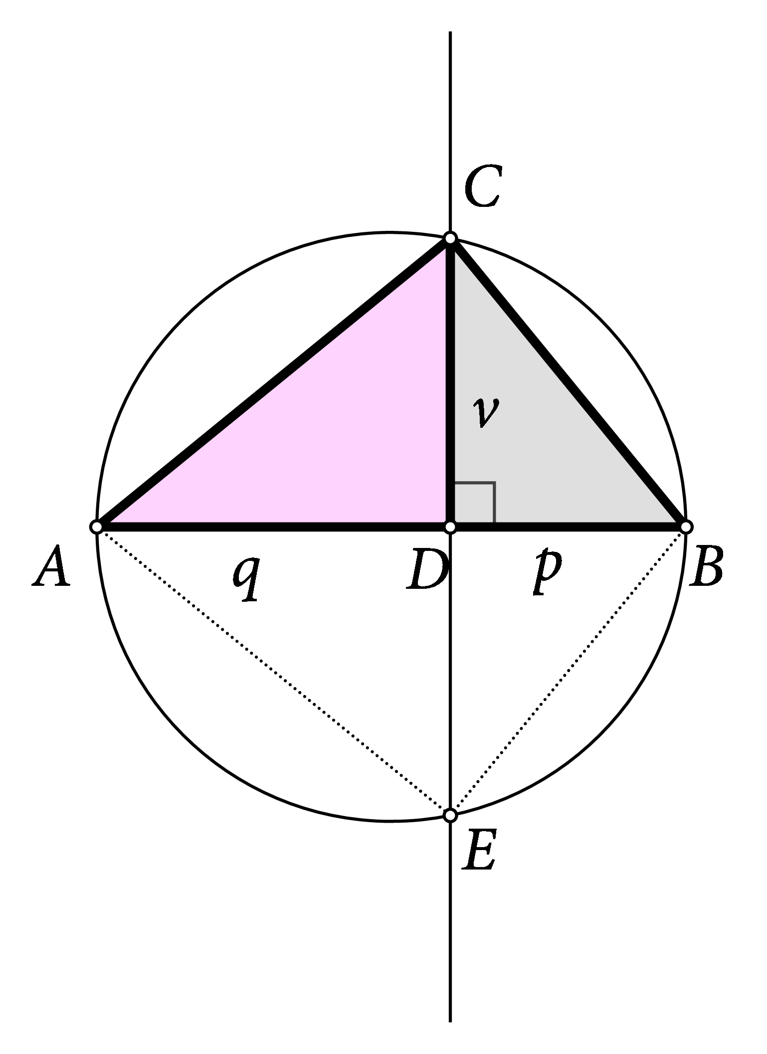 Na slici je istaknut pravokutni trokut ABC s hipotenuzom AB i visnom CD. Prikazana je primjena Euklidova poučka u konstrukcija korijena iz 6