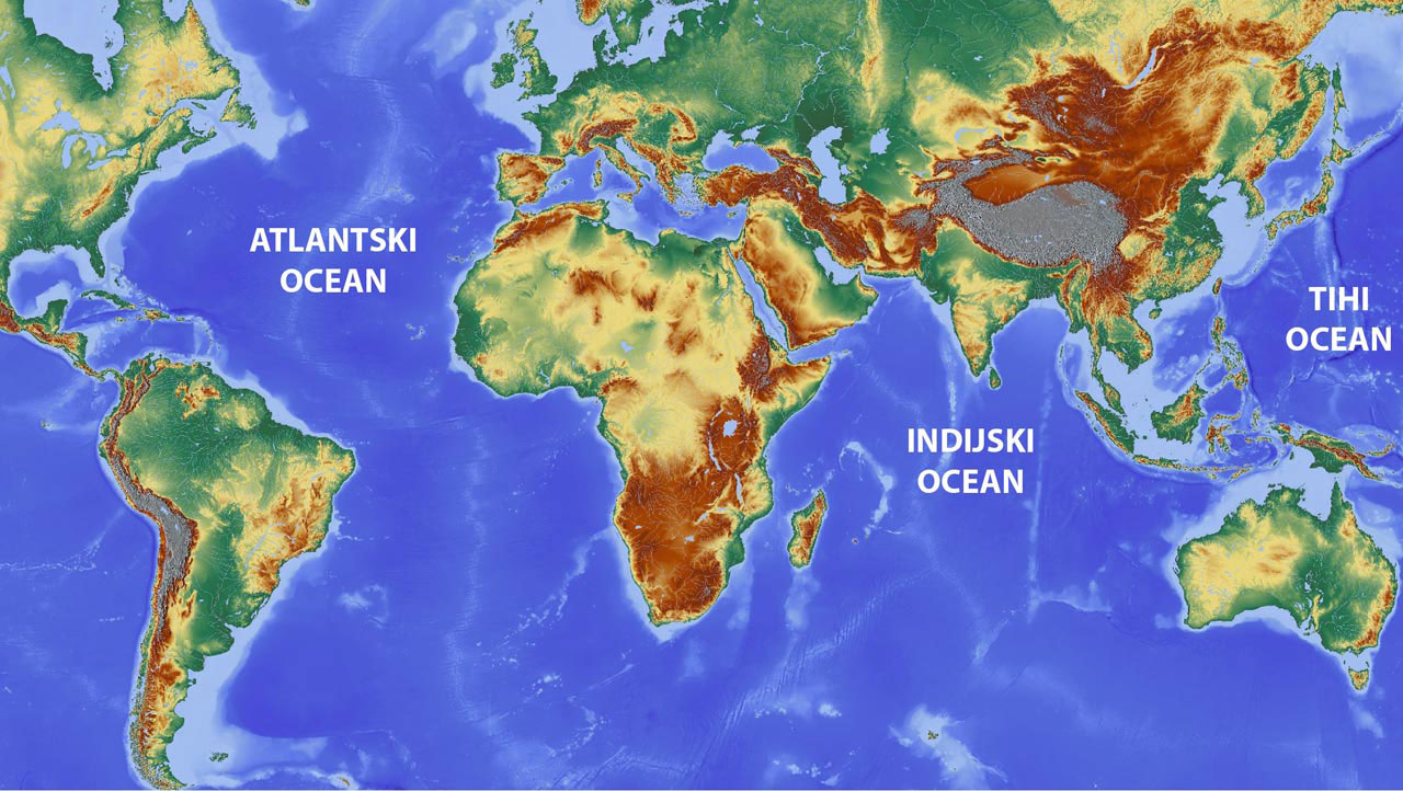 Na slici je prikazana karta svijeta s posebno istaknutim oceanima.