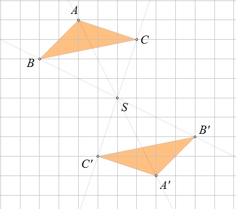 Slika prikazuje centralnosimetrične trokute ABC i A'B'C'
