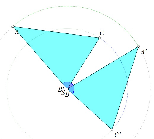 Slika prikazuje trokut i njegovu rotiranu sliku kad je središte rotacije pripada jednom vrhu trokuta