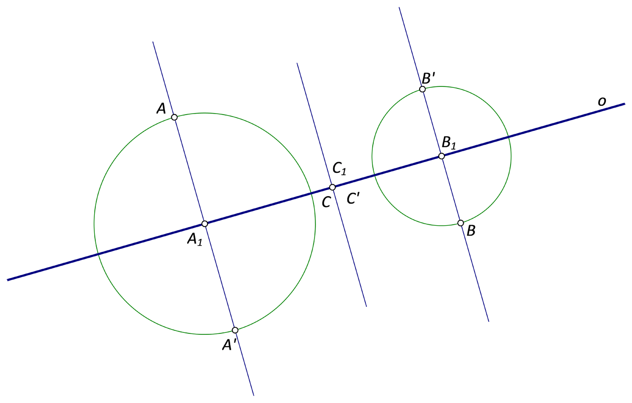 Na slici su točke A, B i C te pravac o, pri čemu su točke A i B s različitih strana pravca o, dok točka C pripada pravcu o. Određene su osnosimetrične slike tih triju točaka s obzirom na pravac o.