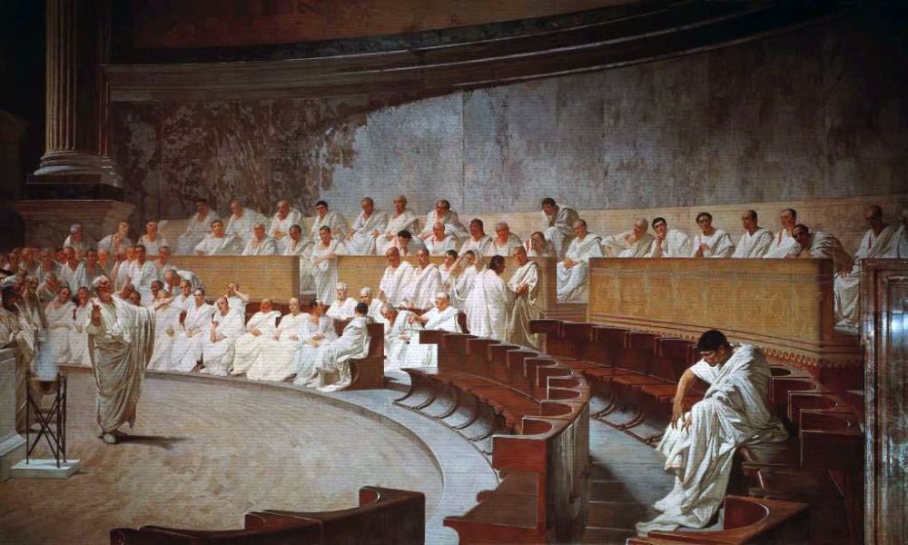 Ova slika prikazuje Ciceronov govor protiv Katiline u Senatu.
