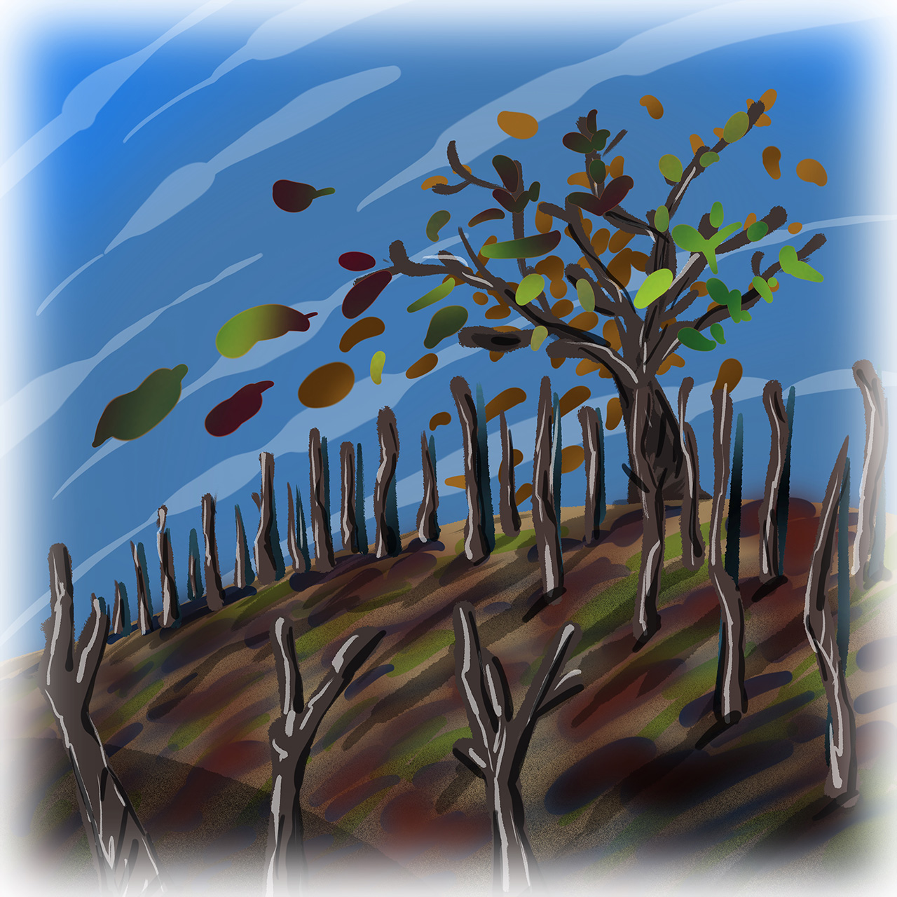 Umjetnikov doživljaj jeseni prikazan je pomoću drveta s kojeg vjetar otpuhuje uvelo lišće. 