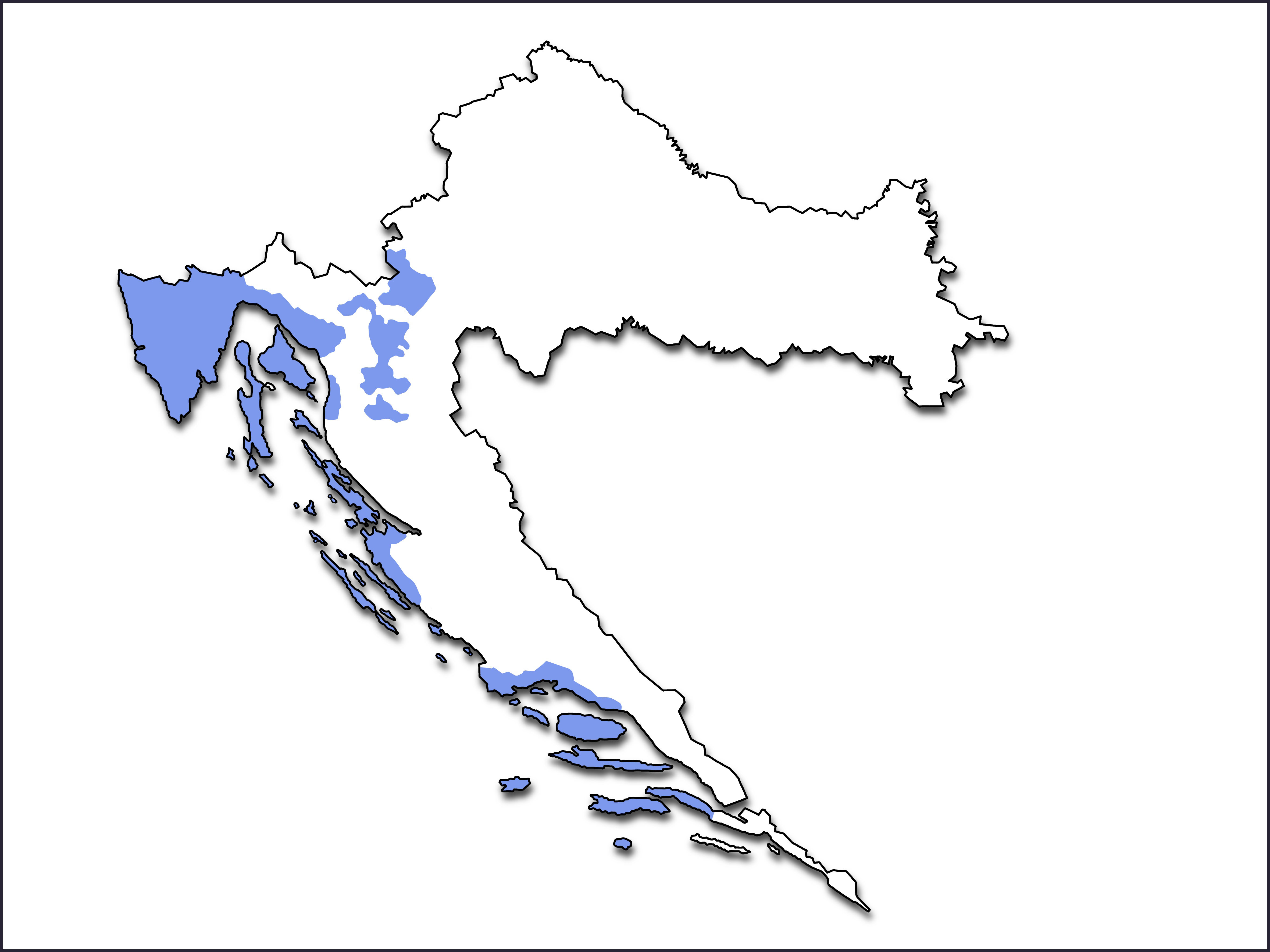 Karta Hrvatske na kojoj su plavom bojom označena područja s čakavskim narječjem: Istra, Hrvatsko primorje, otoci do Lastova, djelomično Split i Zadar, Lika, Gorski kotar i Žumberak.